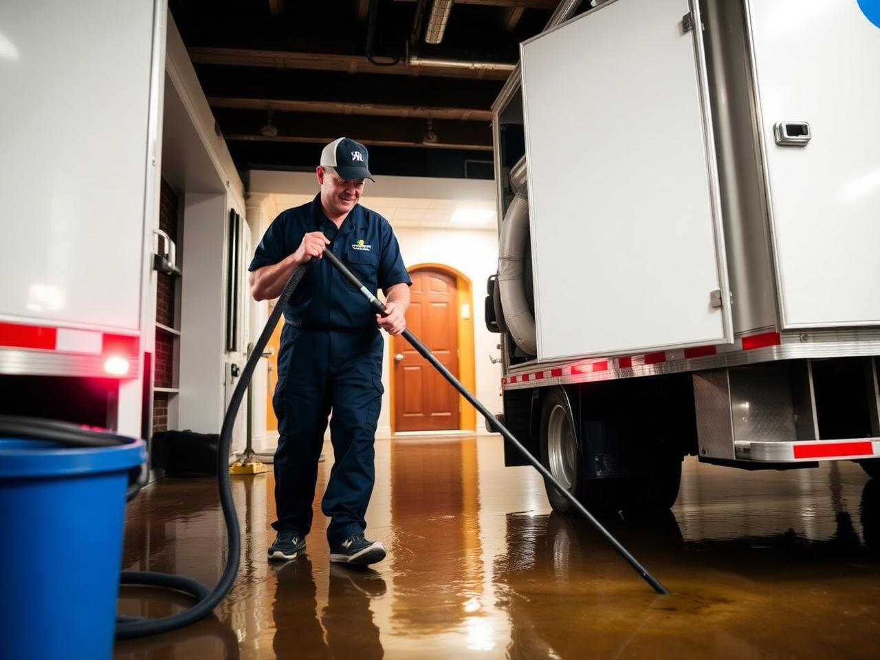 Restoration technician extracting standing water from a flooded basement floor