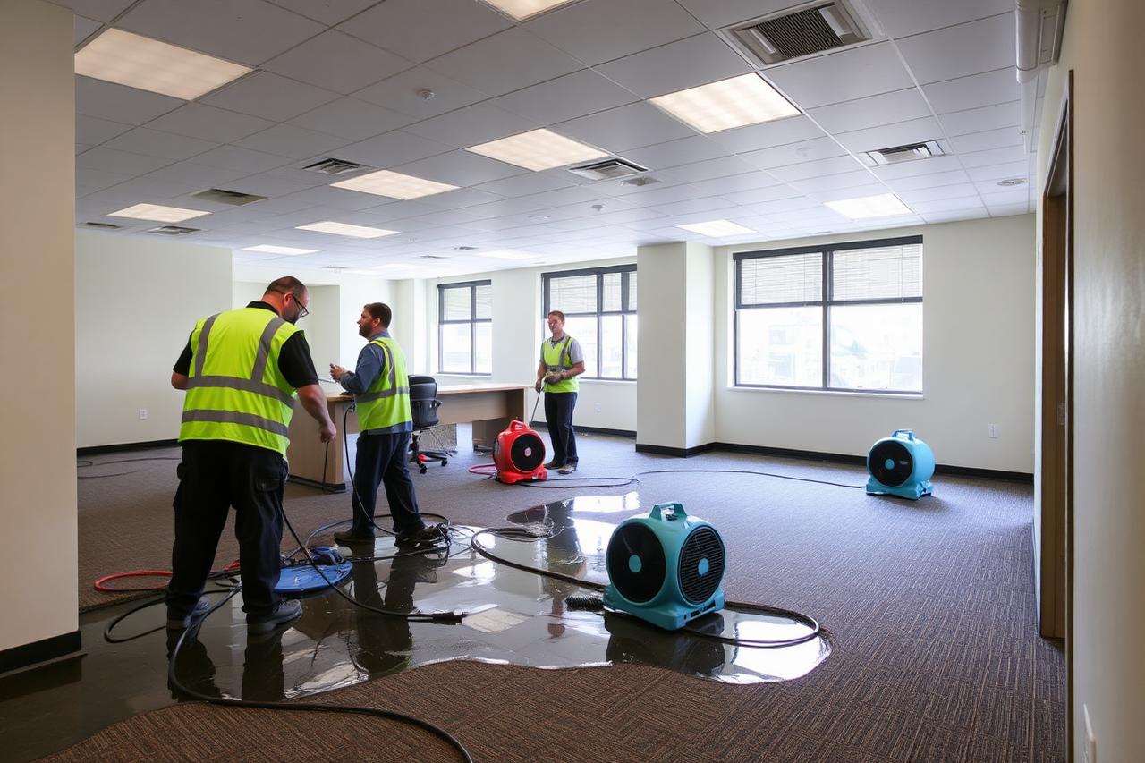 Restoration crew removing water and setting drying fans in a commercial office space