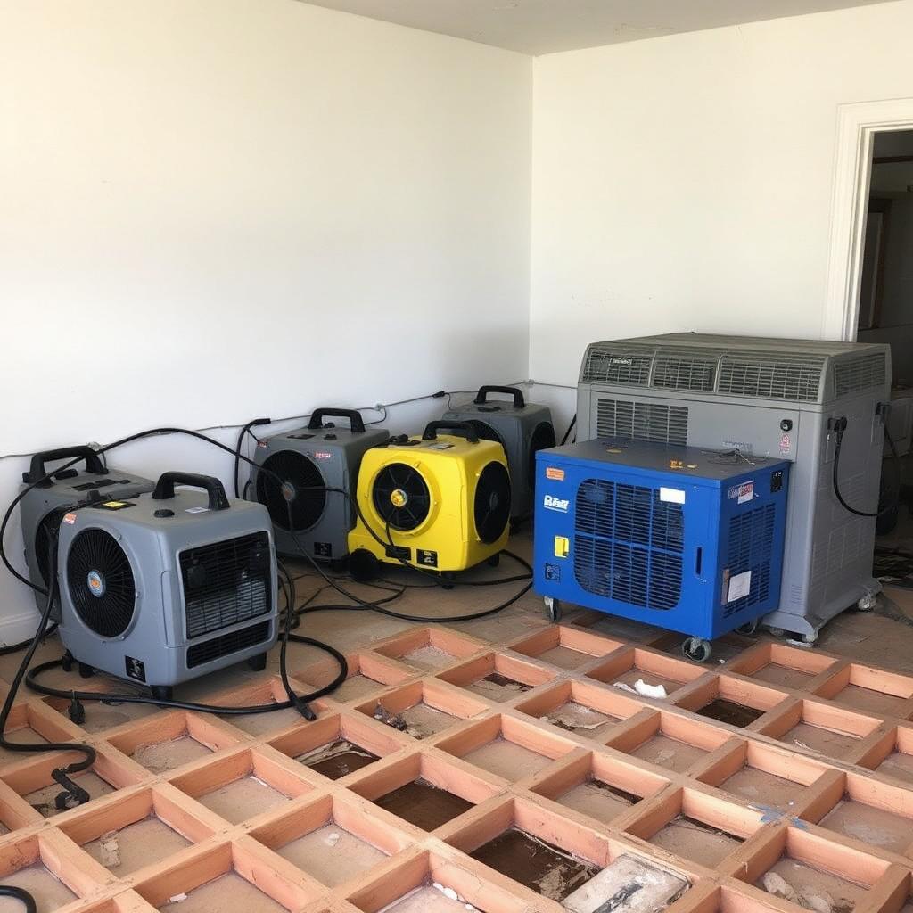 Air movers and a dehumidifier drying a room with exposed subfloor