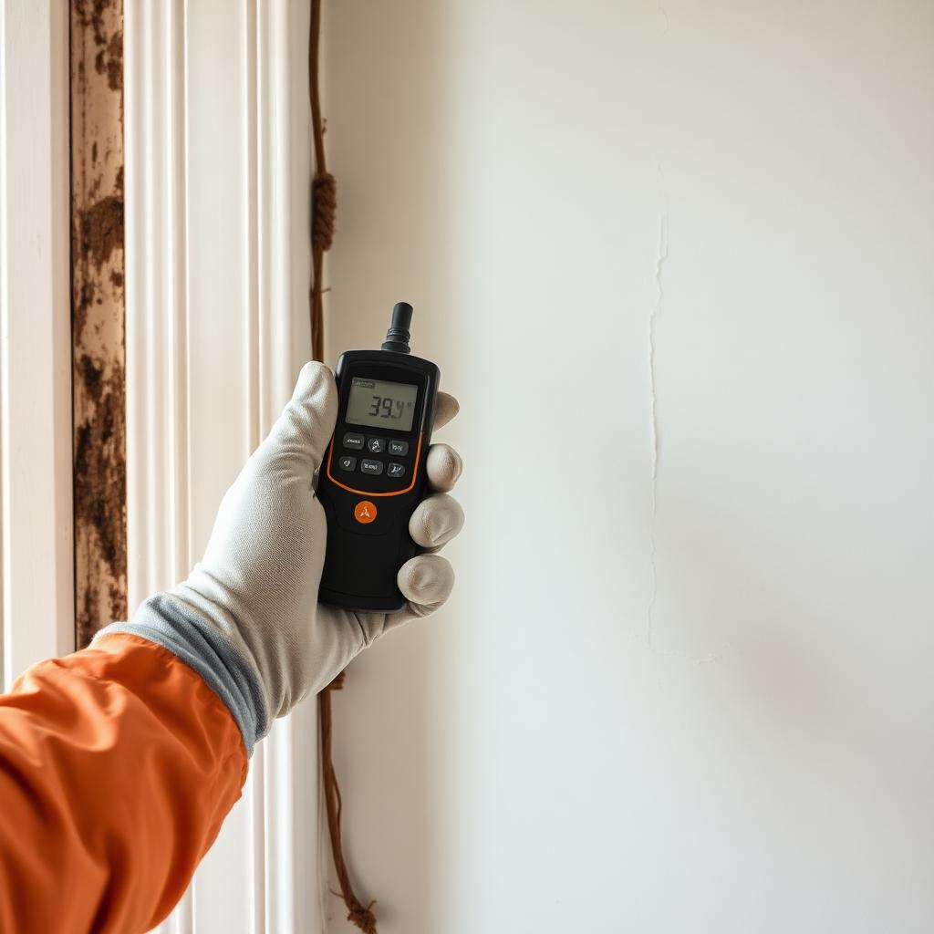 Technician checking damp drywall with a handheld moisture meter