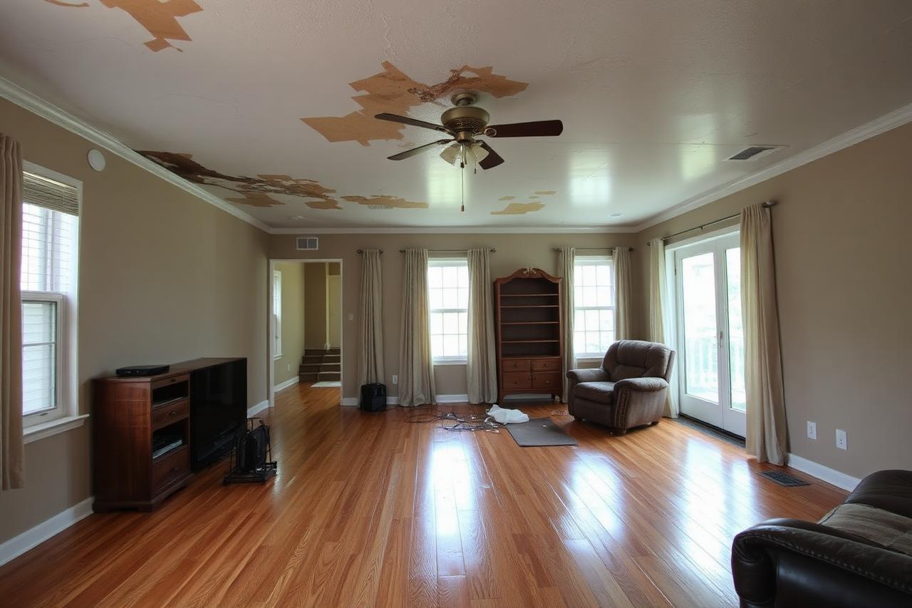 Water damaged living room with a stained ceiling and buckled hardwood flooring